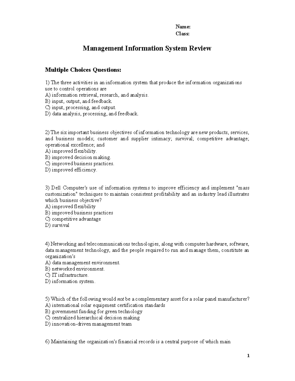 Review Questions MIS - Name: Class: Management Information System ...