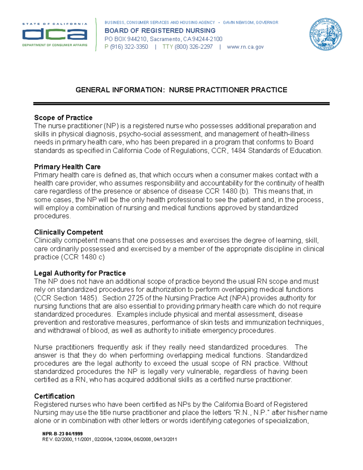 General Informations- Nurse Practitioner - NPR-B-23 04/ BUSINESS ...