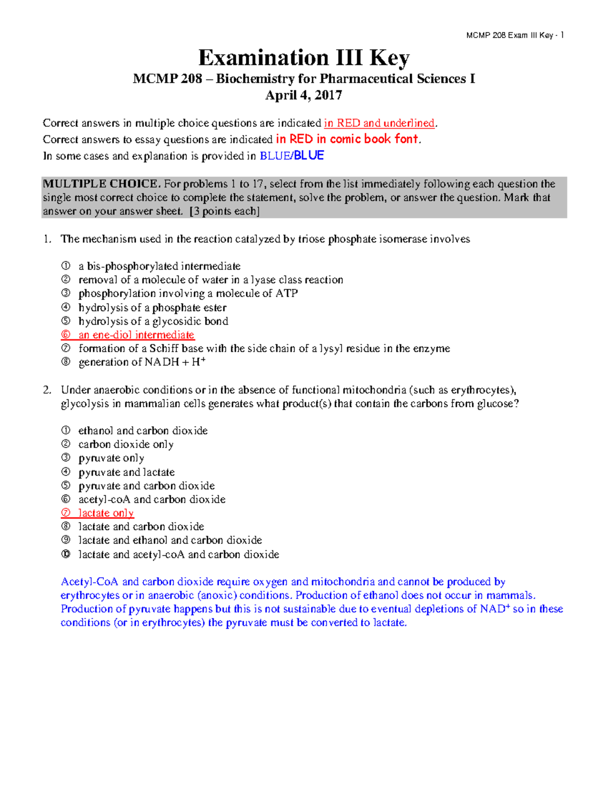Biochemistry Past Exam Questions MCMP 208 Biochemistry for