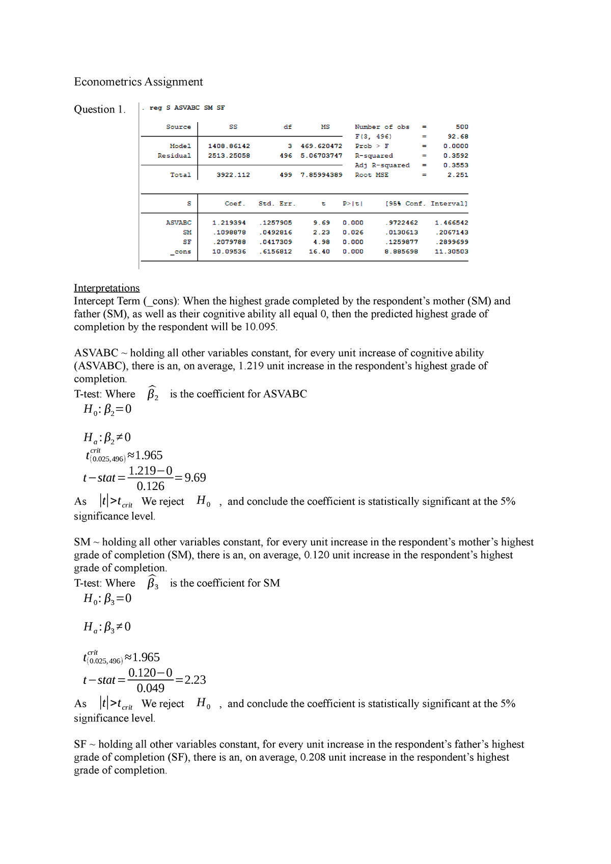 econometrics assignment sample