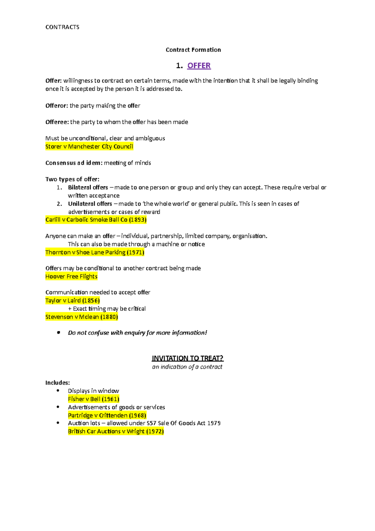 Contracts - Notes - Contract Formation 1. OFFER Offer: willingness to ...