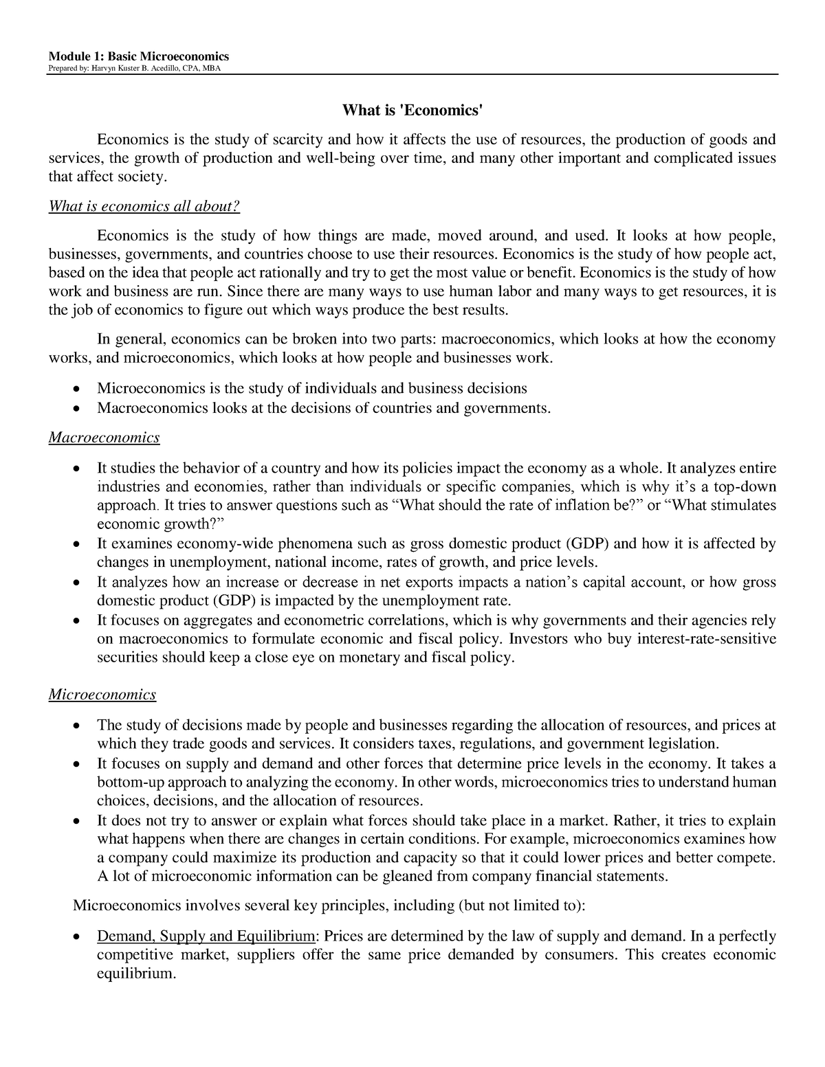 Microeconomics Module 1 - Module 1: Basic Microeconomics Prepared by ...