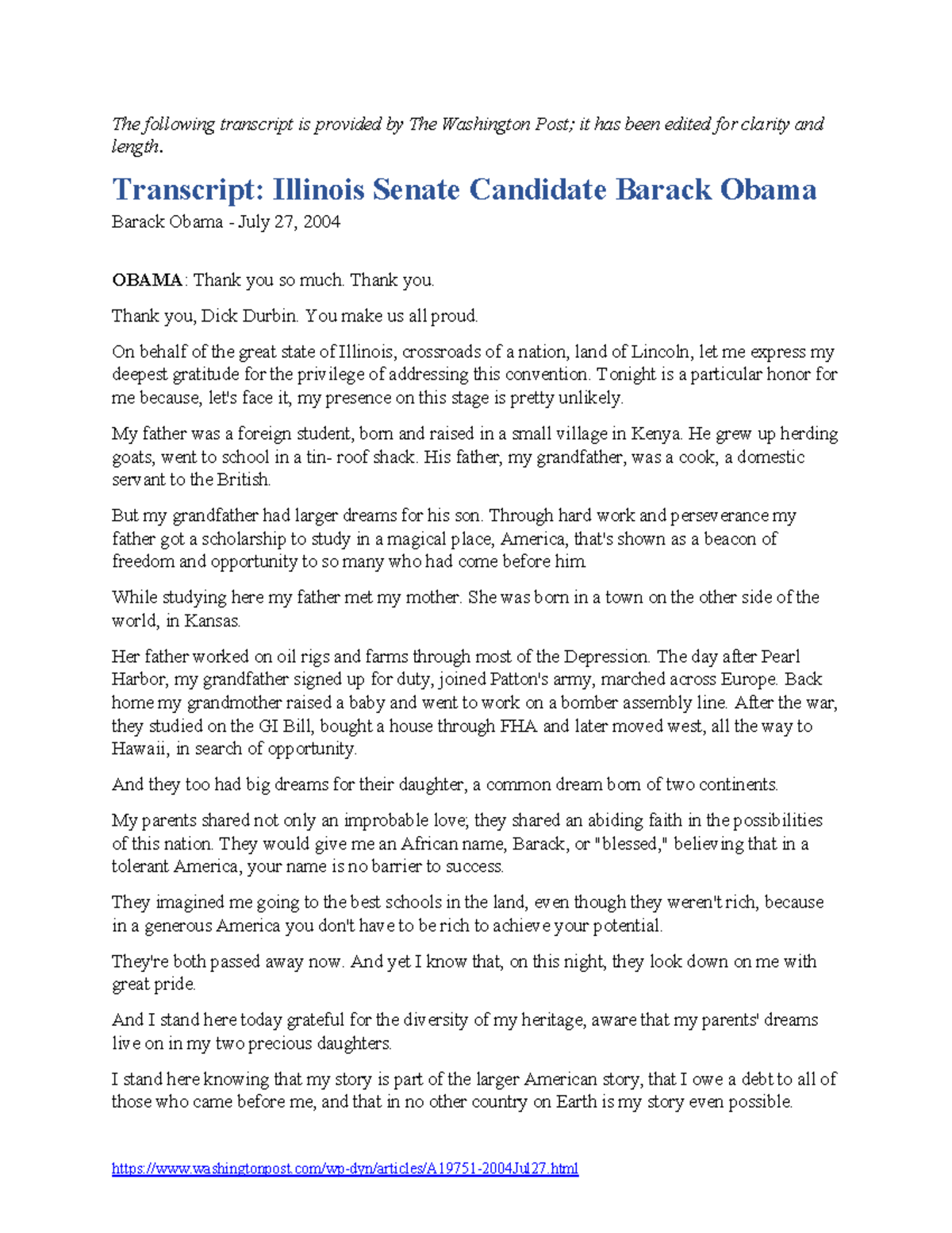 Obama - Transcript Illinois Senate Candidate (2004 ) - - Studocu