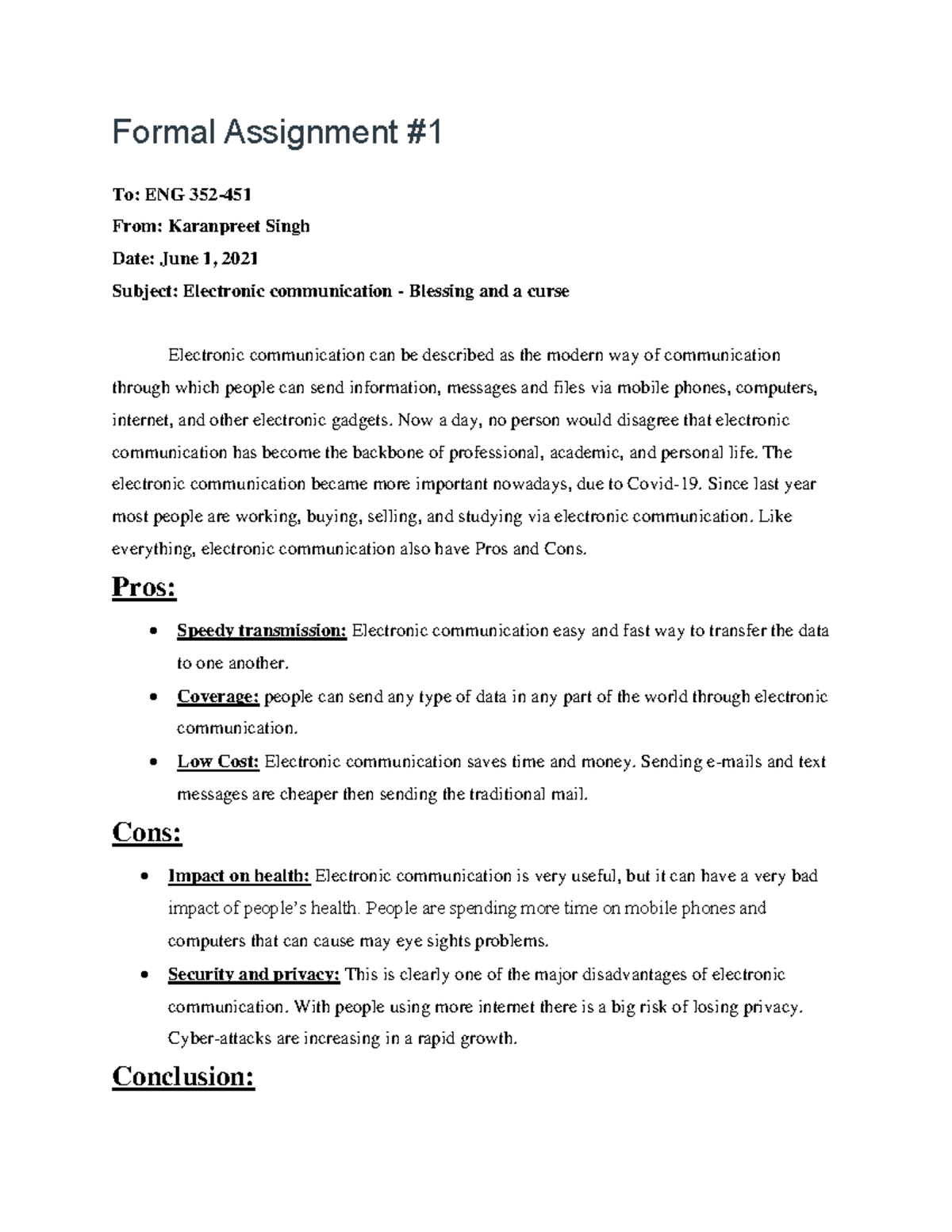 Formal Assignment 1 - Formal Assignment To: ENG 352- From: Karanpreet ...