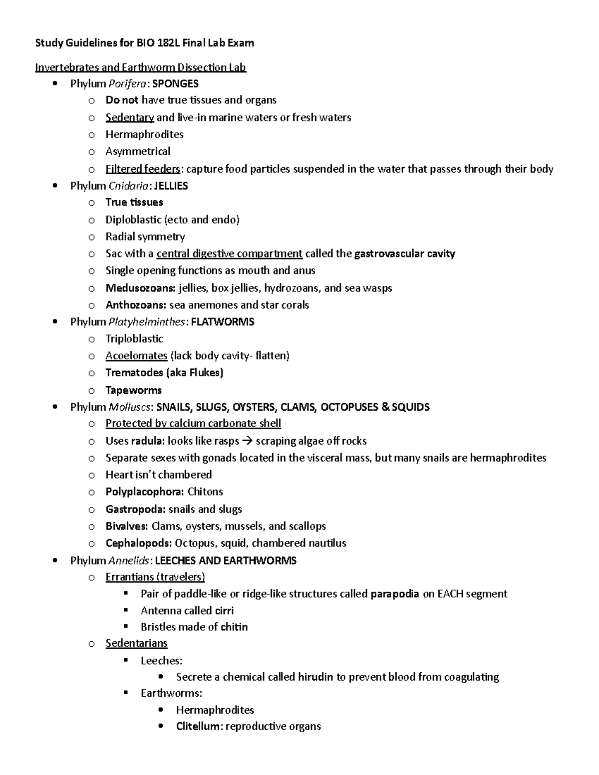 Study Guidelines For BIO 182L Final Lab Exam - Study Guidelines For BIO ...