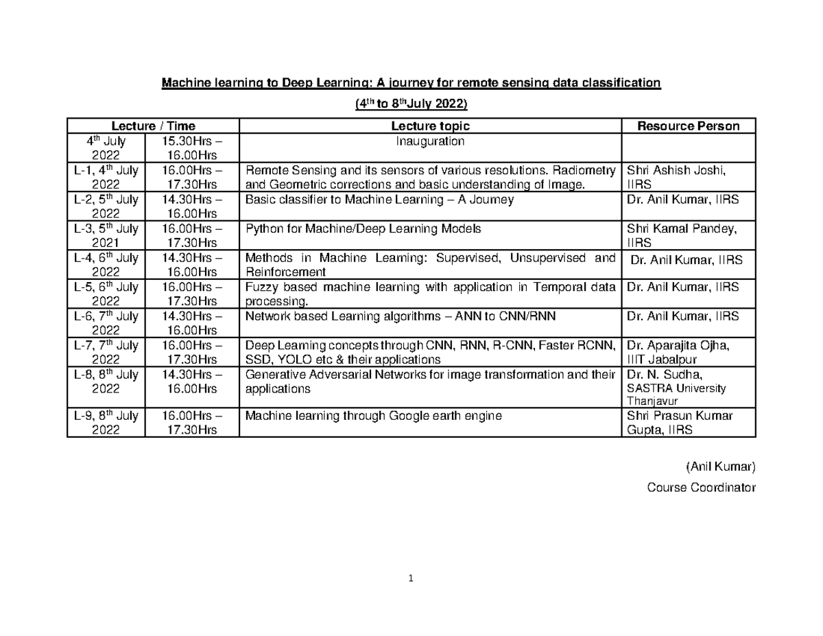 Course Schedule 100th - notttteeeeeeeees - 1 Machine learning to Deep ...