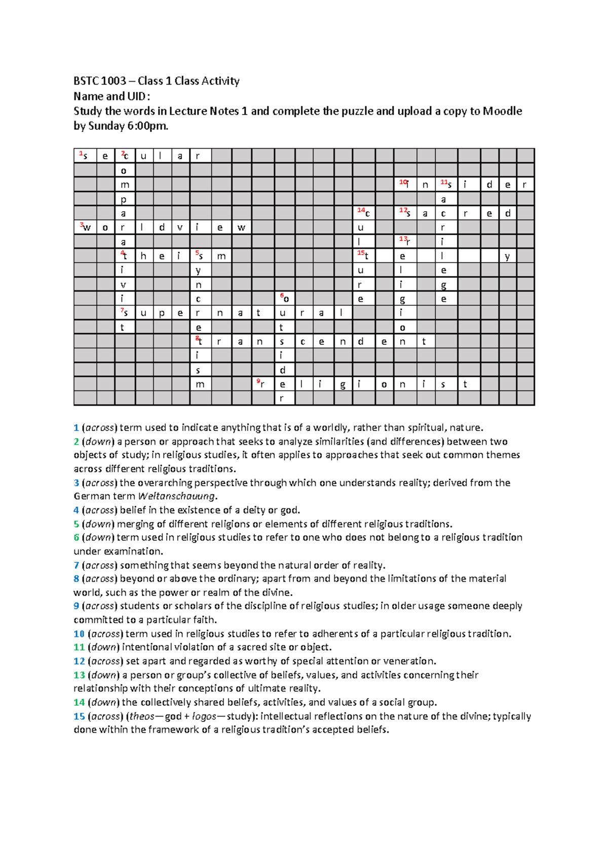 Class Activity 1. Answer - BSTC 1003 – Class 1 Class Activity Name and ...