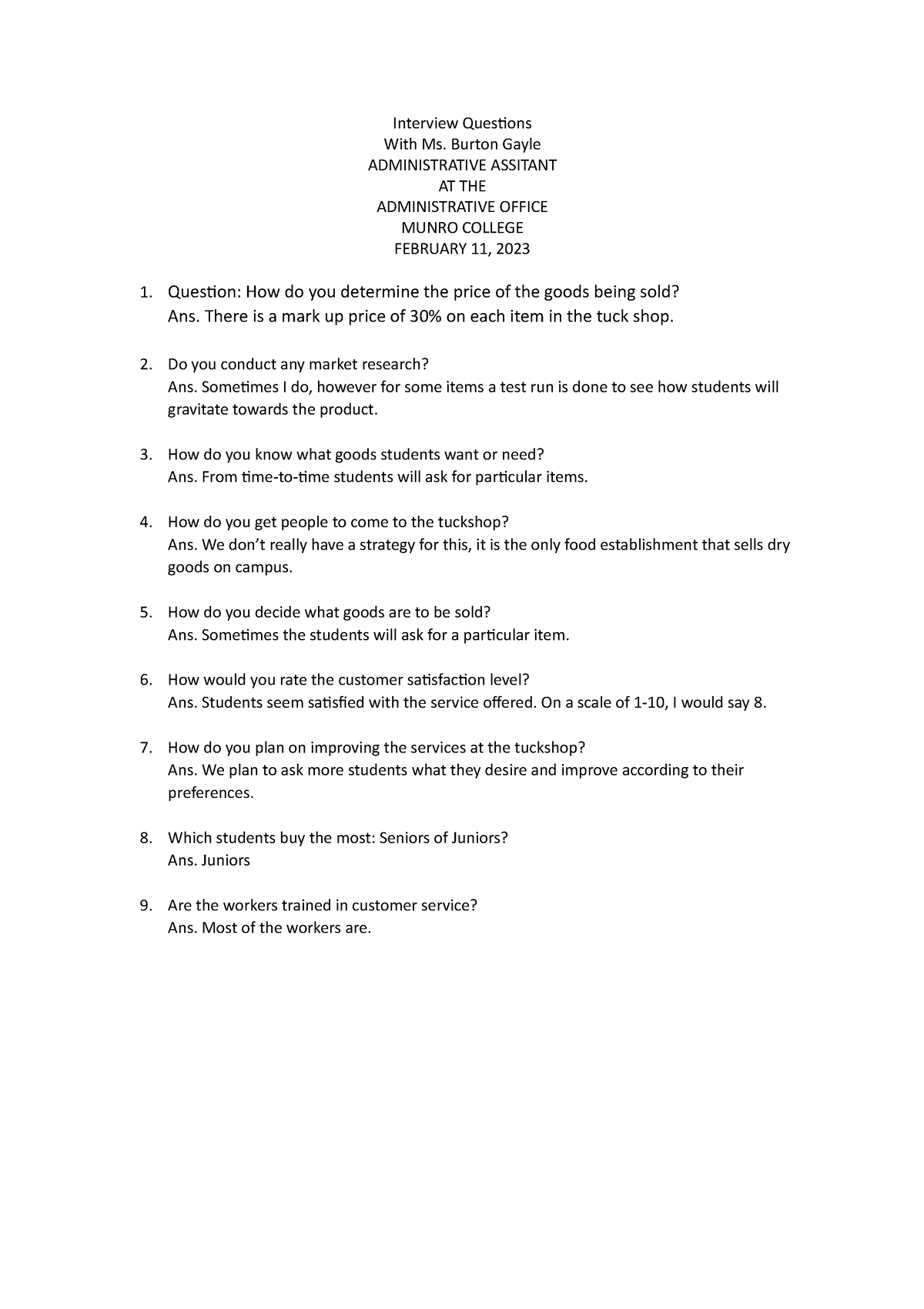 Interview Questions for SBA - Interview Questions With Ms. Burton Gayle ...