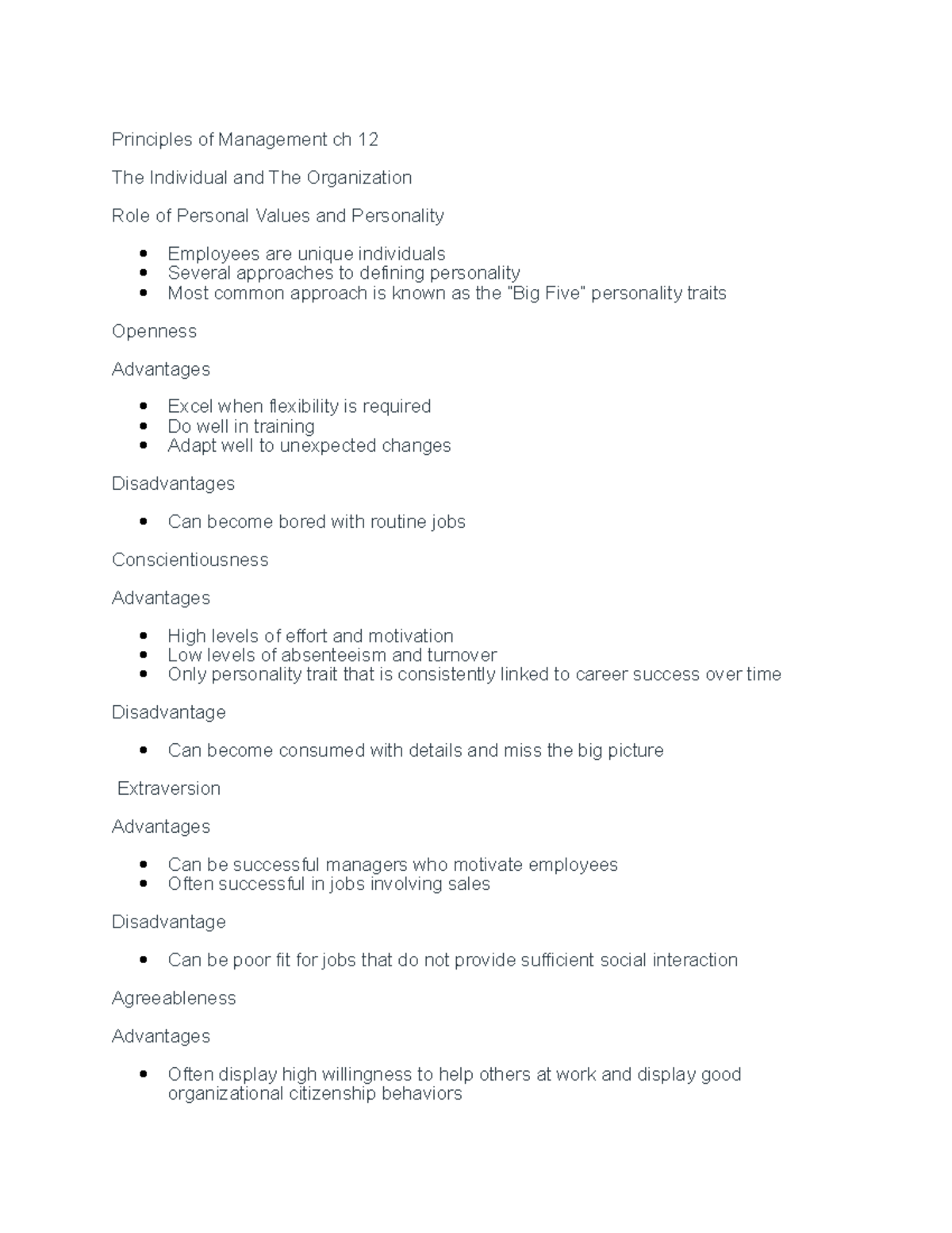 Management Notes Ch12 - Principles Of Management Ch 12 The Individual ...