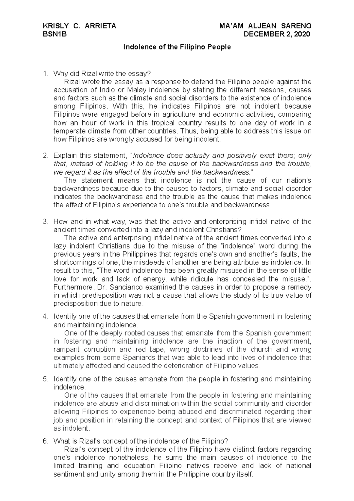 GEC 19 Indolence of the Filipino People Assignment - KRISLY C. ARRIETA ...