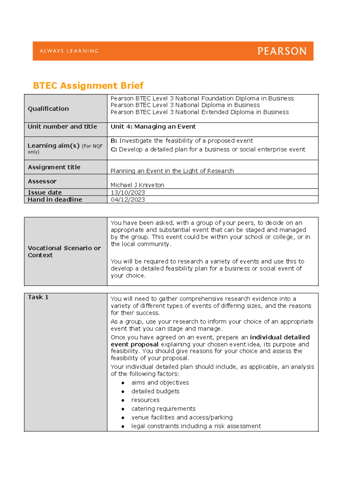 Unit 4 Assignment 2 This Is For Btec Business Btec Assignment Brief Qualification Pearson 4614