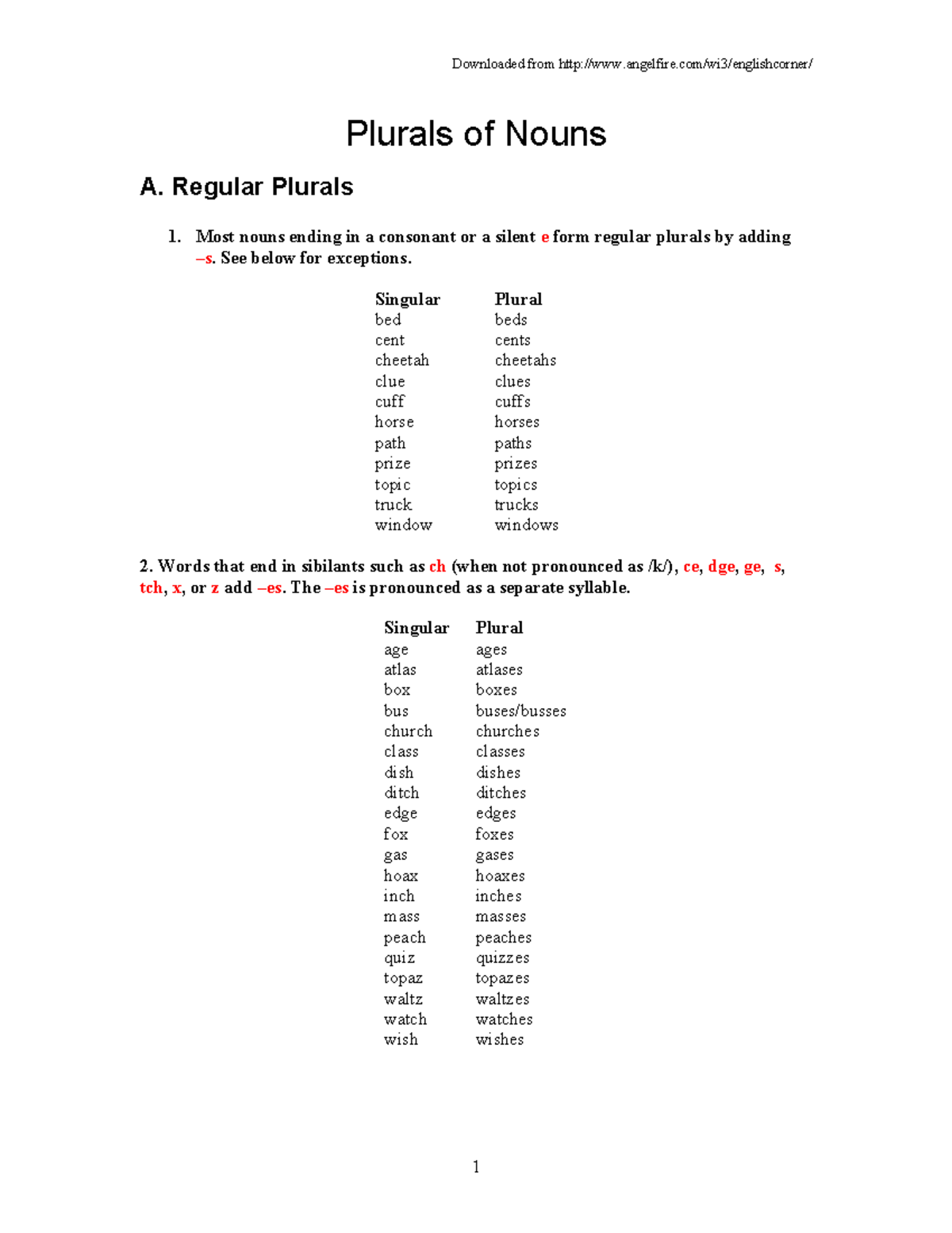 Irregular plural nouns note - Plurals of Nouns A. Regular Plurals 1 ...