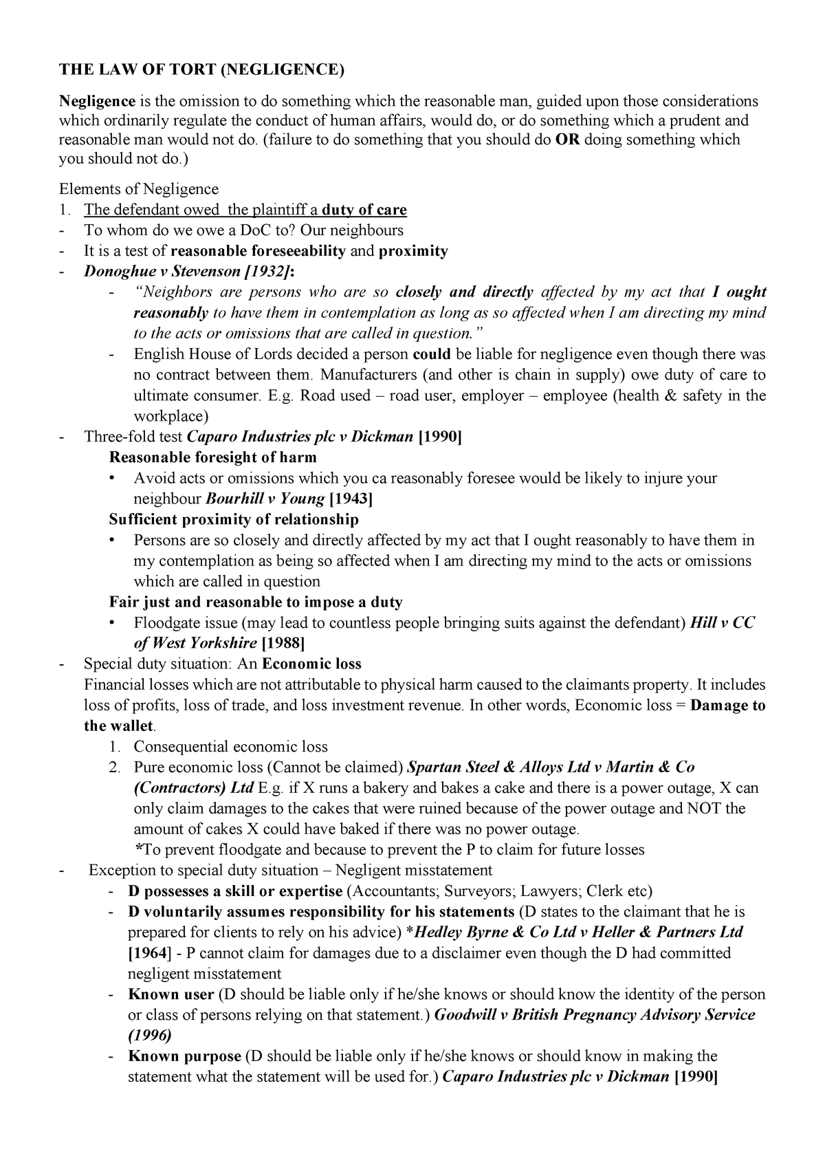 Law of Tort - Tort Law Summary - THE LAW OF TORT (NEGLIGENCE ...