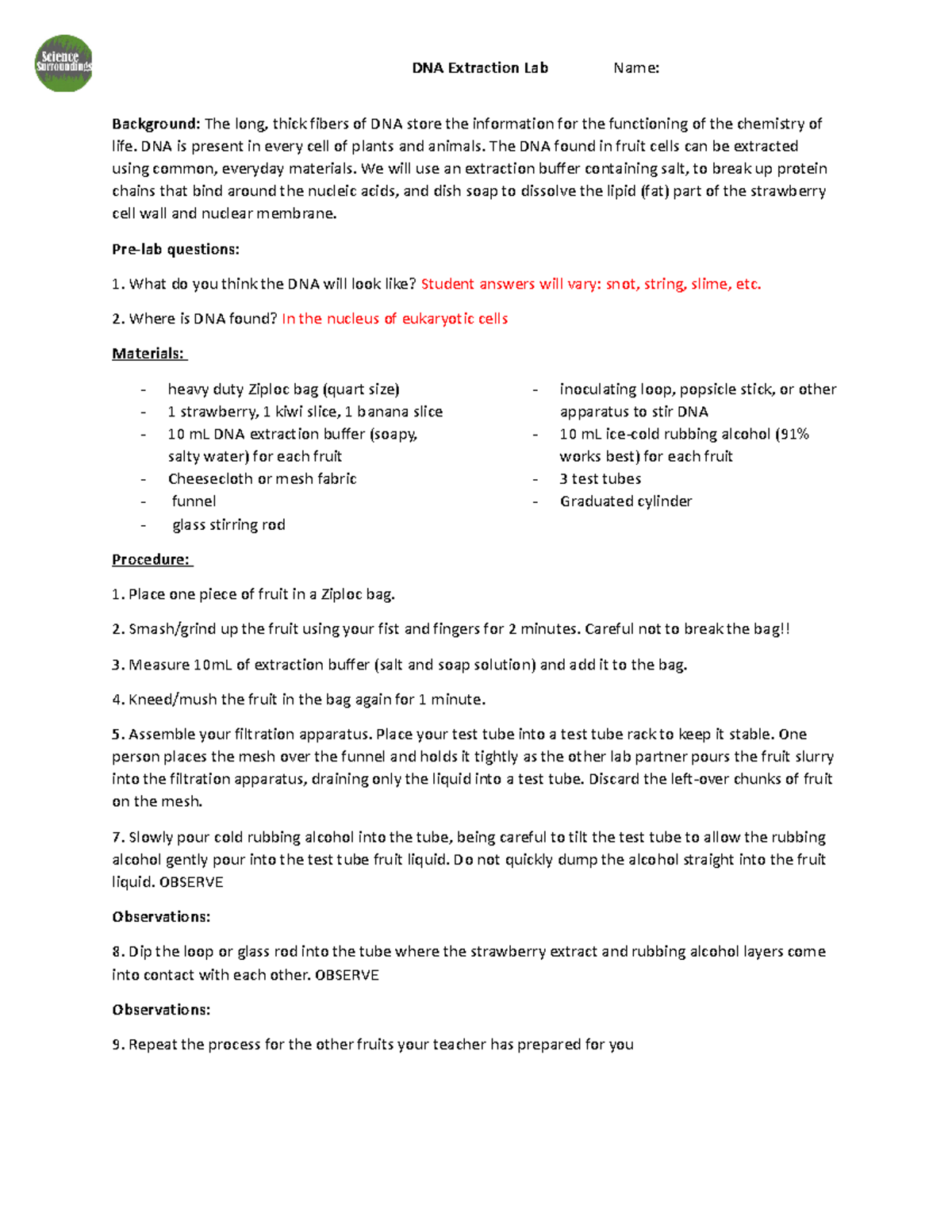 KEY DNA Extraction lab Lab DNA Extraction Lab Name Background The