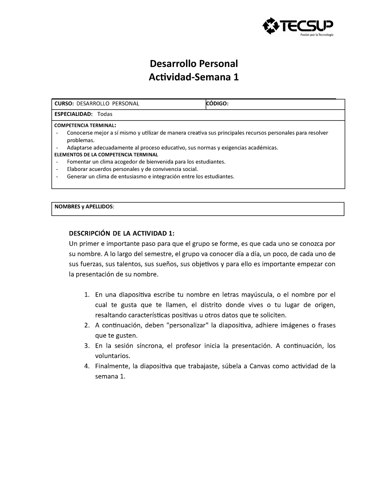 Actividad Semana 1 Presentación 2022-I - Desarrollo Personal Actividad ...