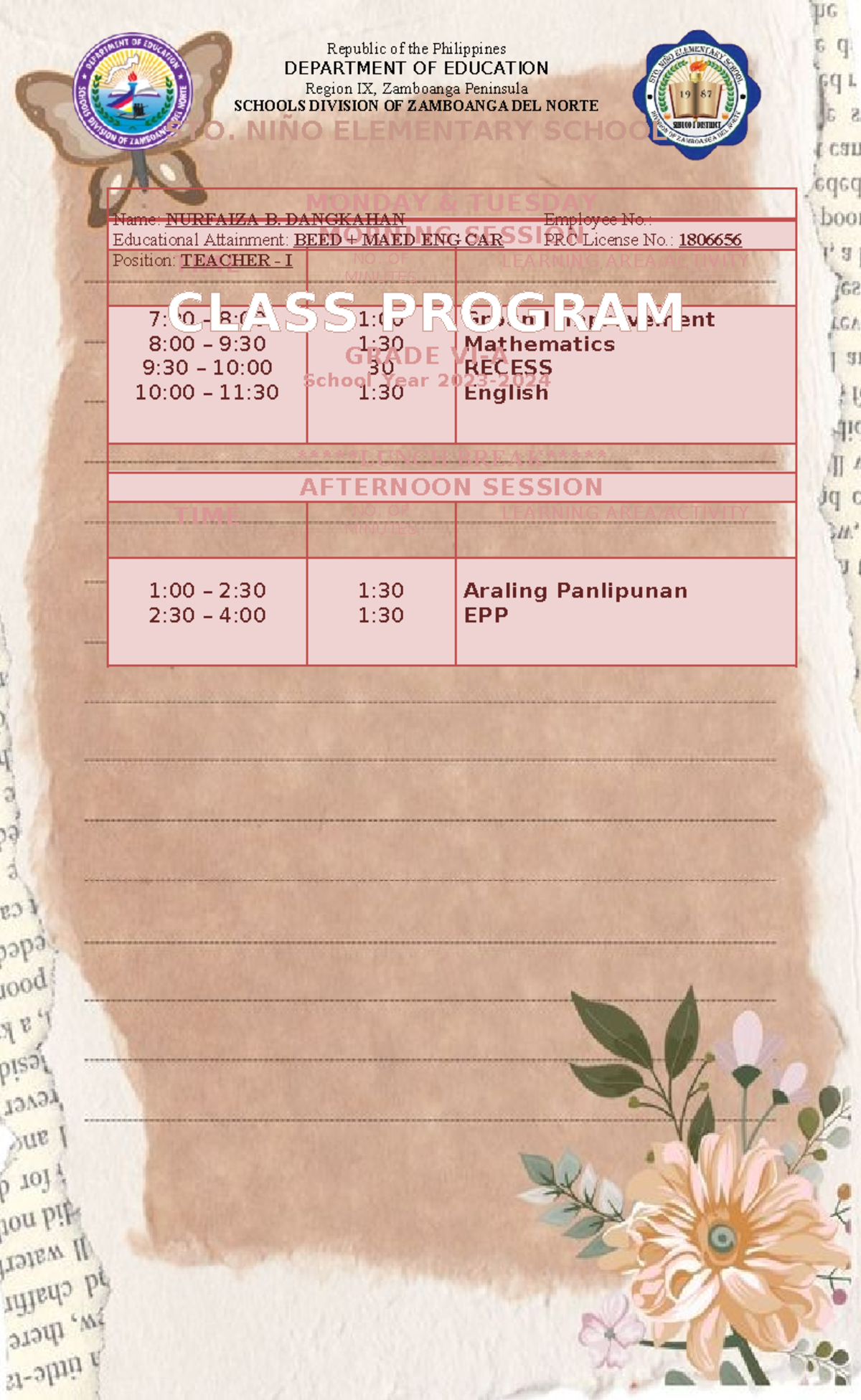 Class Program - lesson - MONDAY & TUESDAY MORNING SESSION TIME NO. OF ...