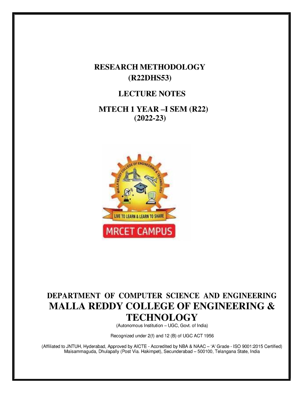 Research Methodlogy Mrcet Nootes - RESEARCH METHODOLOGY LECTURE NOTES ...