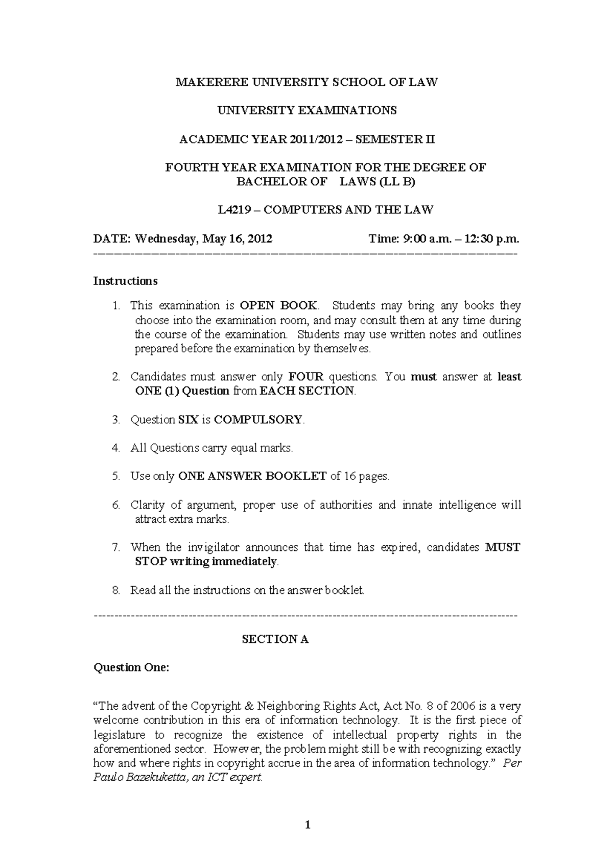 CL EXAM 2012 - MAKERERE UNIVERSITY SCHOOL OF LAW UNIVERSITY ...