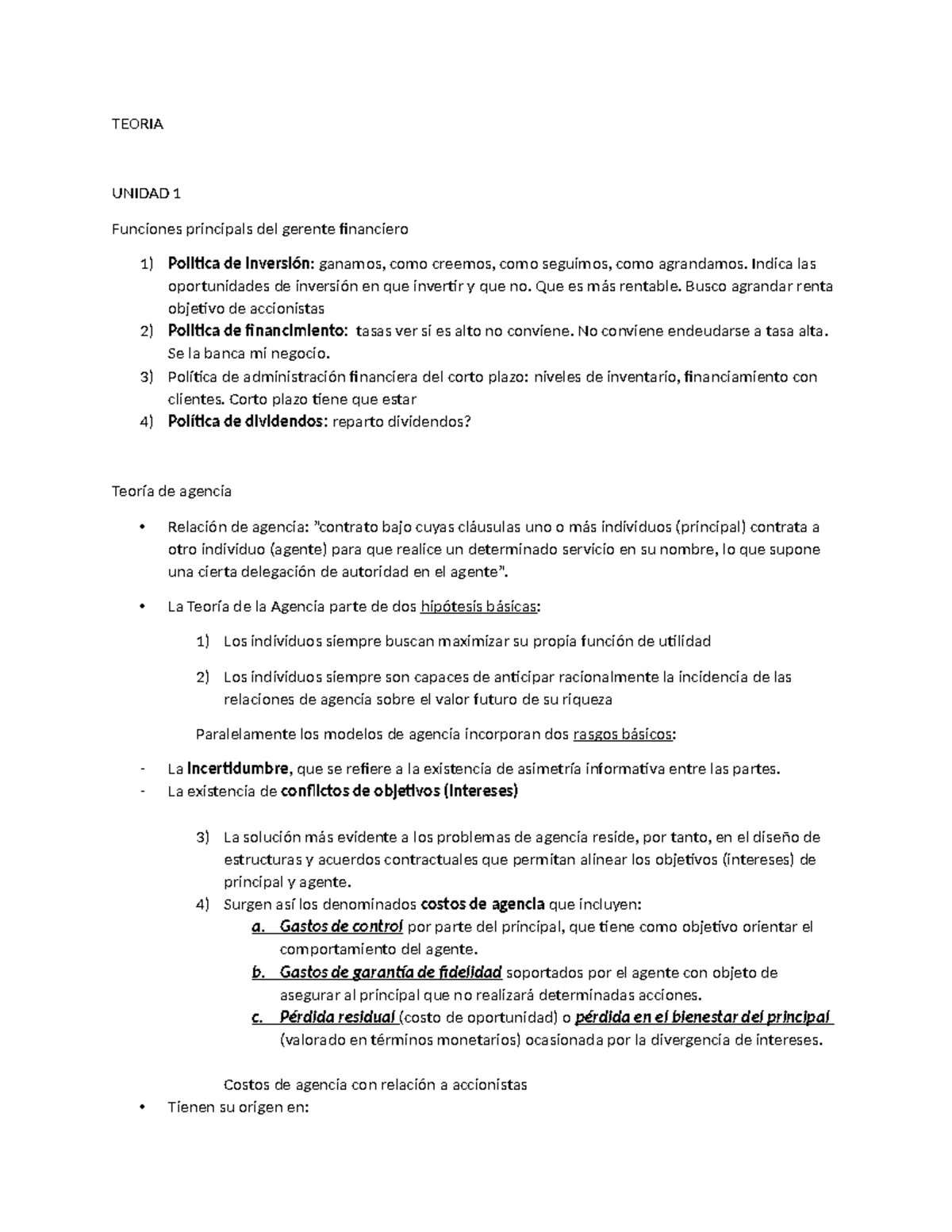 Teoria TEORIA UNIDAD 1 Funciones principals del gerente financiero 1