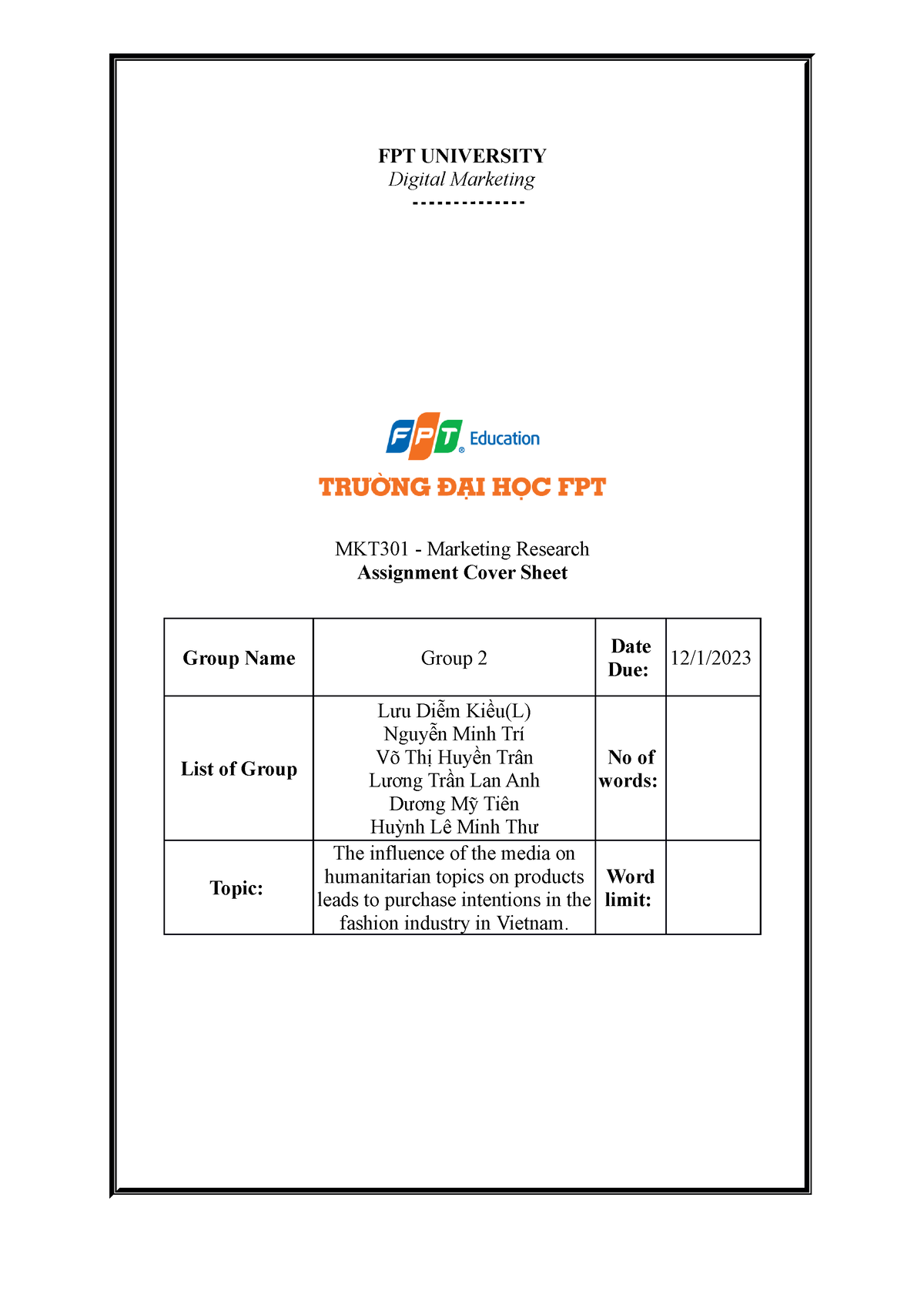 Proposal 1 Group 2 BA1503 MKT301 - FPT UNIVERSITY Digital Marketing ...