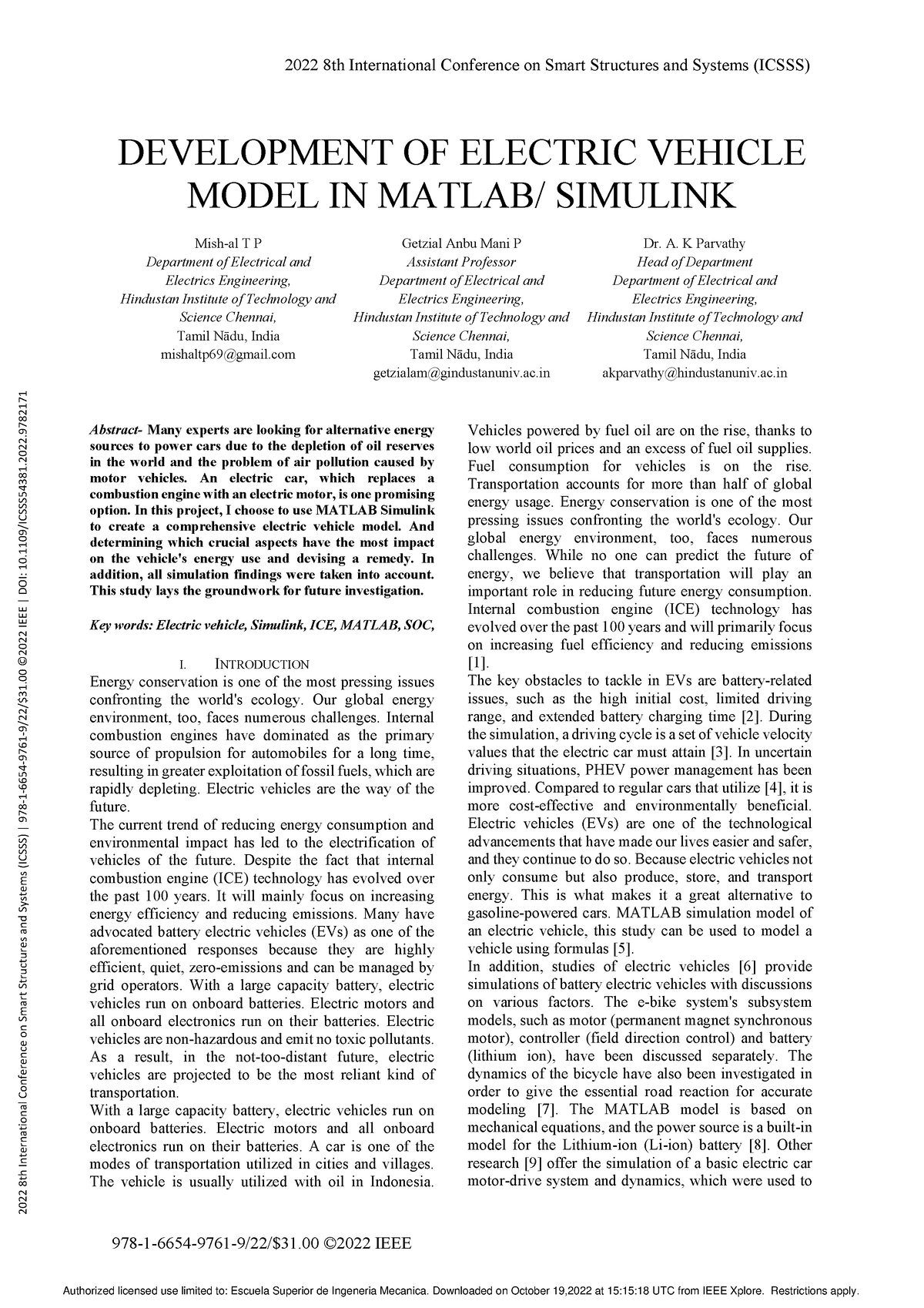 Development Of Electric Vehicle Model In Matlab Simulink - 978-1-6654 ...