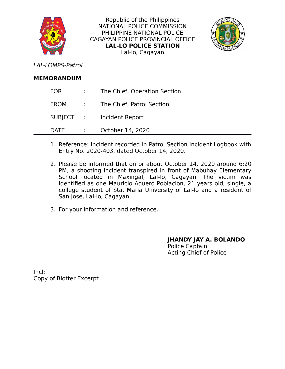 Incident Report Samples Republic Of The Philippines NATIONAL POLICE 