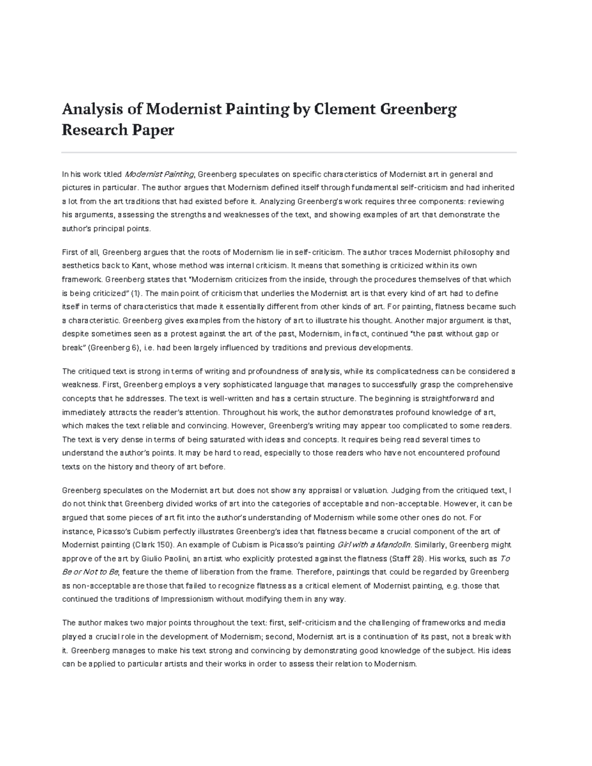 Analysis of Modernist Painting by Clement Greenberg 600 Words