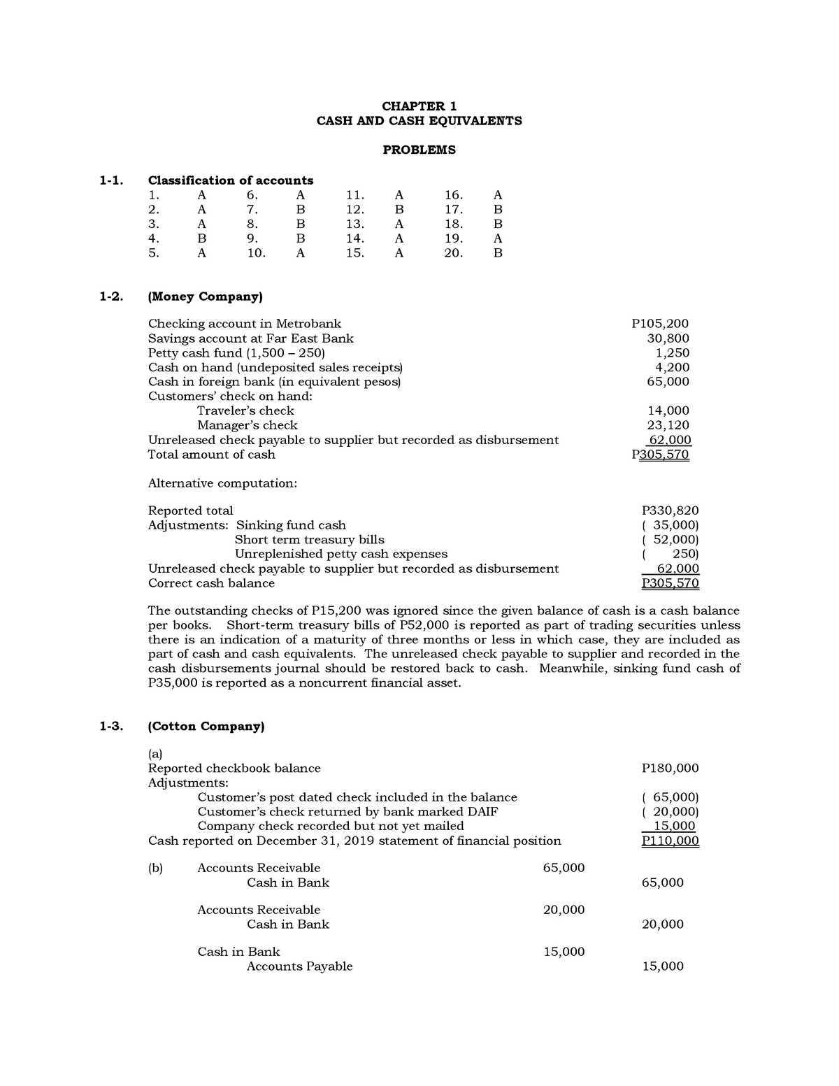 TESTBANK INTACC 1 - CHAPTER 1 CASH AND CASH EQUIVALENTS PROBLEMS 1- 1 ...