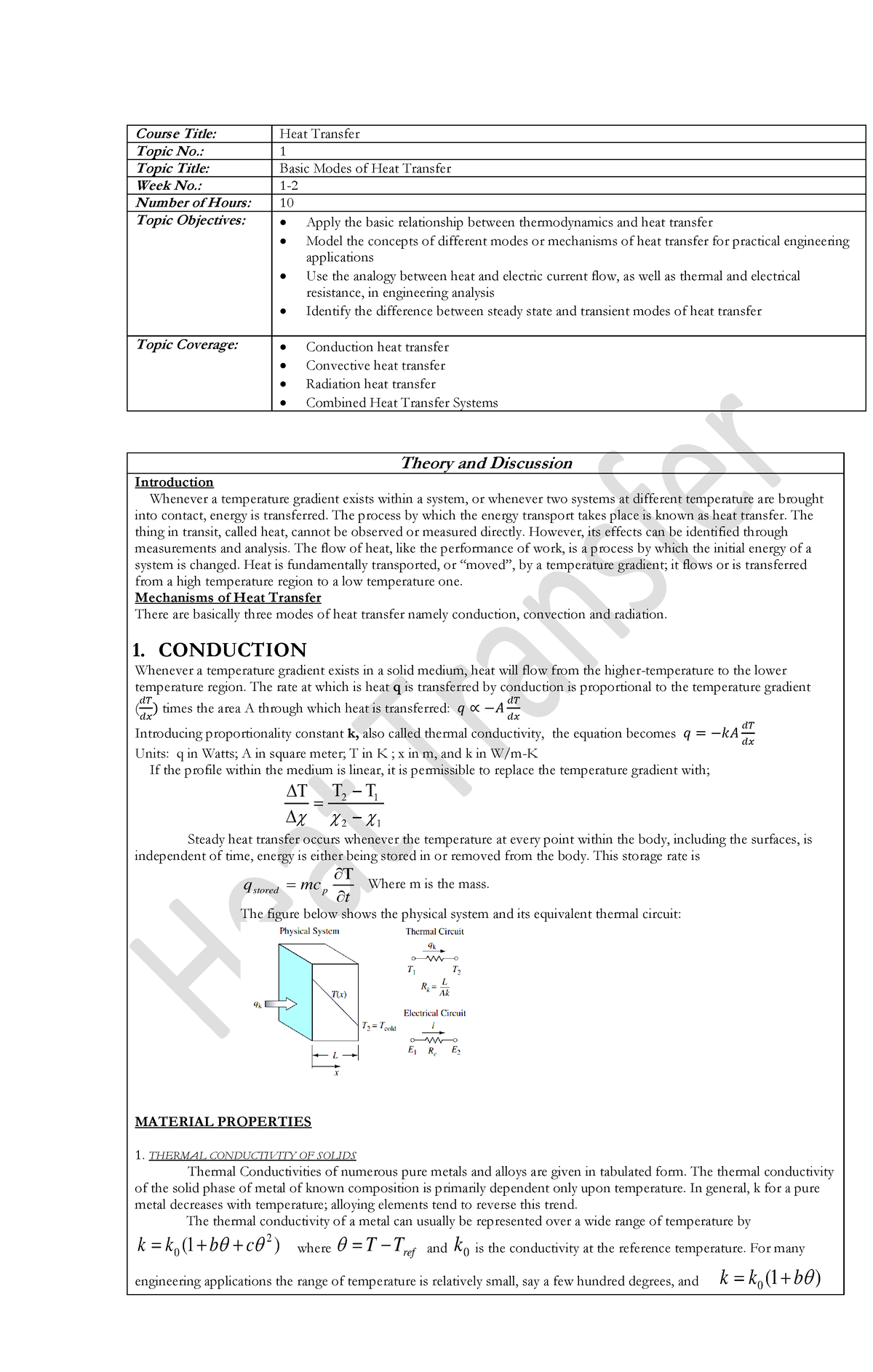 Heat transfer module 1 Course Title Heat Transfer Topic No. 1 Topic