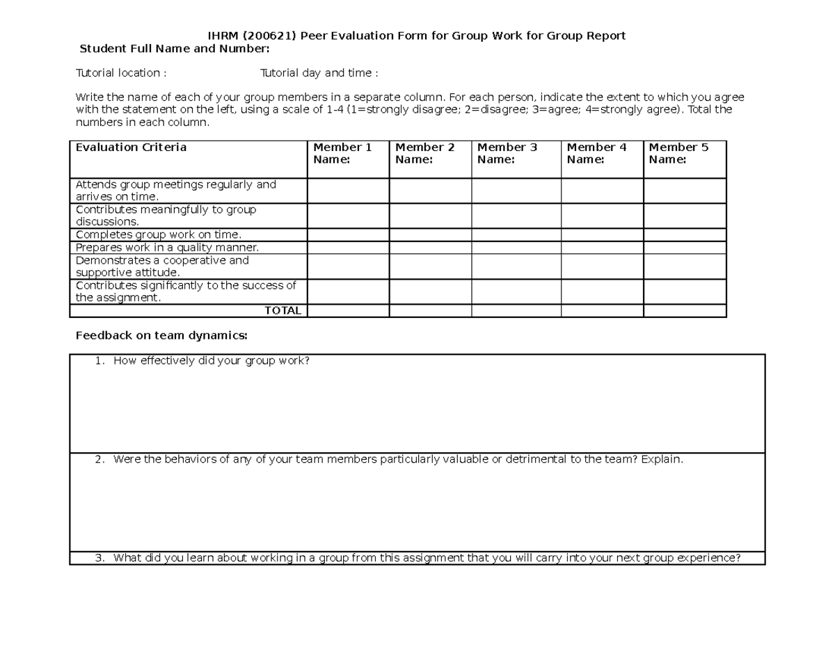 IHRM-Condensed Peer Evaluation Group Work form for Group Report - IHRM ...