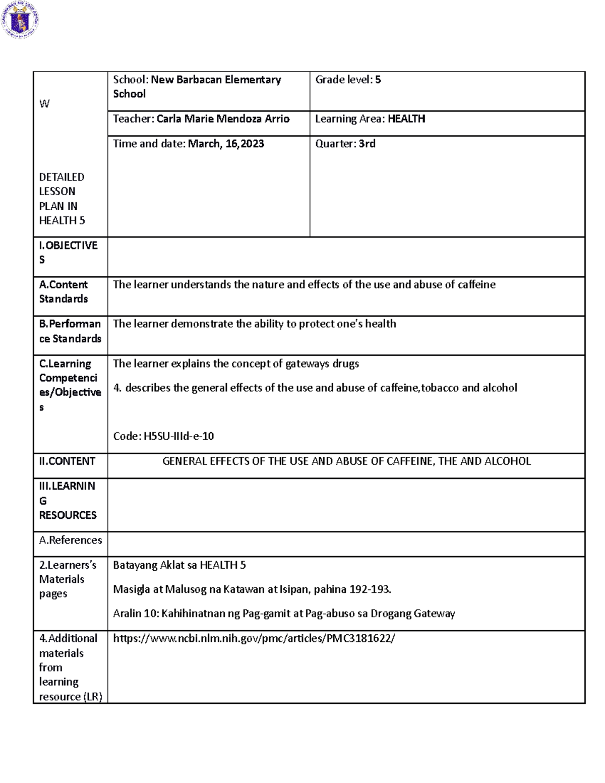 DLP IN Health 5 H5SU-IIId-e-10 - W DETAILED LESSON PLAN IN HEALTH 5 ...