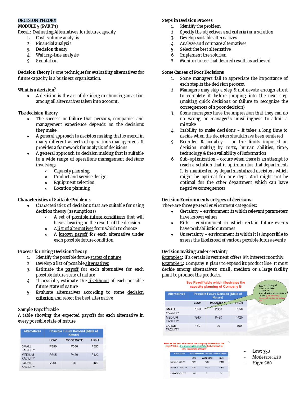 OPERATIONS MANAGEMENT QUIZ DECISION THEORY - DECISION THEORY MODULE 5 ...