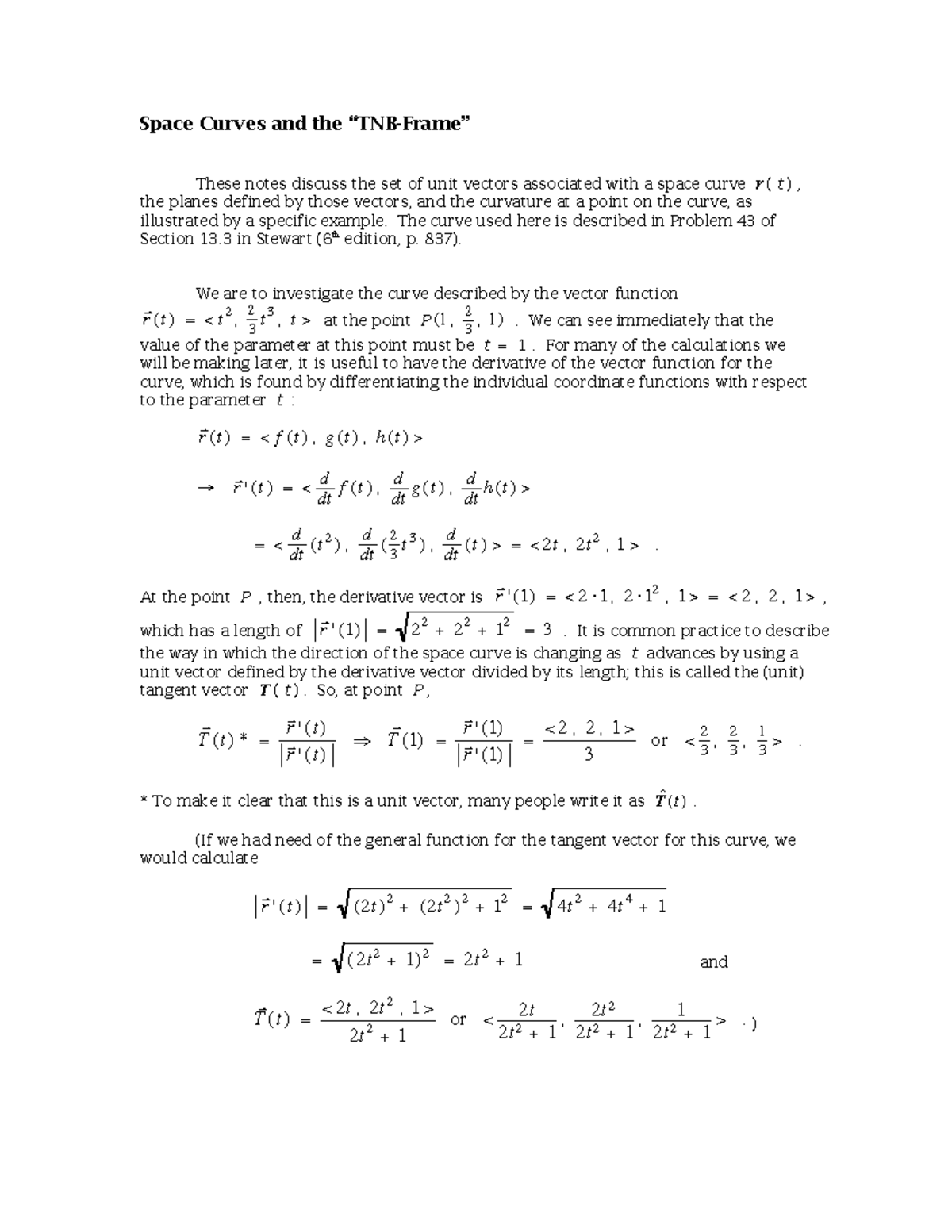 Space Curves - Lecture notes 13.2 & 13.3 - Space Curves and the “TNB ...