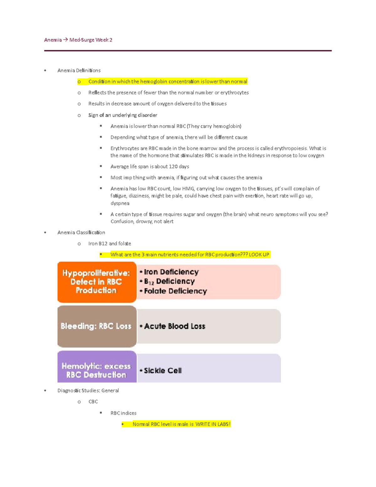 Anemia med surge week 2 - Lecture notes 3-5 - Anemia Med-Surge Week 2 ...