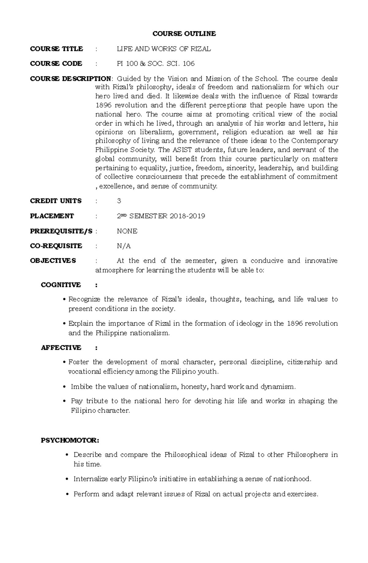 Rizal - Syllabus - COURSE OUTLINE COURSE TITLE : LIFE AND WORKS OF ...