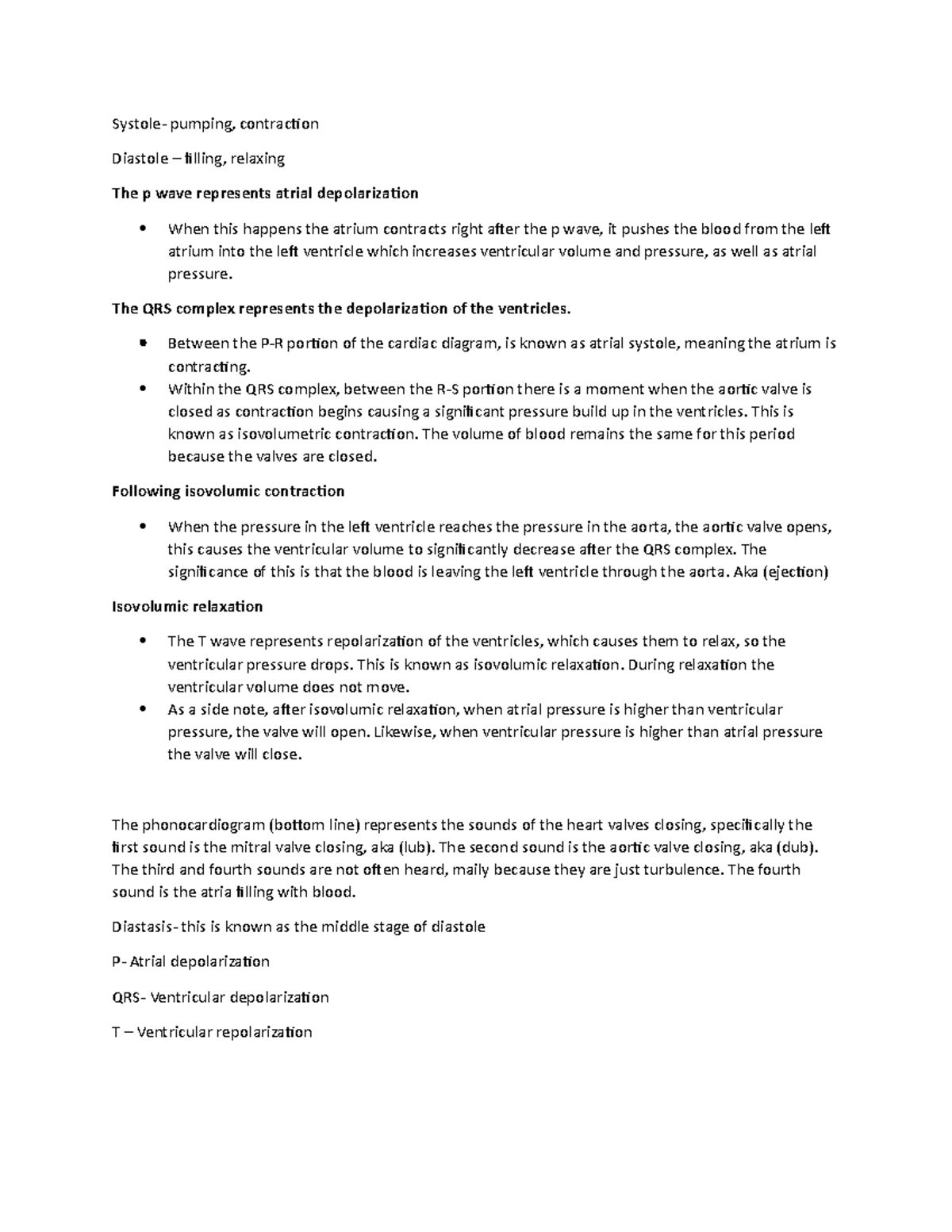 The cardiac cycle notes - Systole- pumping, contraction Diastole ...