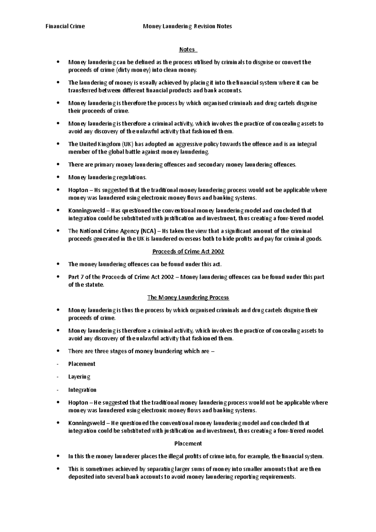 Notes - Money laundering - Notes Money laundering can be defined as the ...