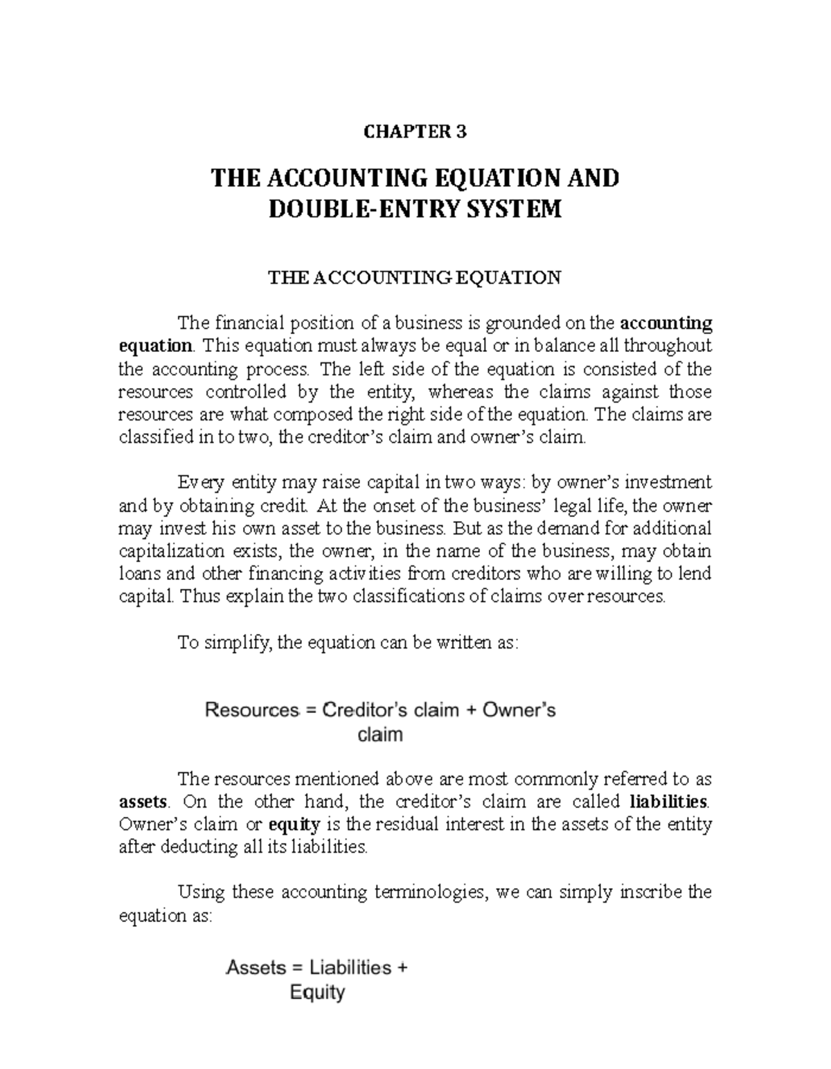 FAR Chapter 3 final FAR CHAPTER 3 THE ACCOUNTING EQUATION AND DOUBLEENTRY SYSTEM THE