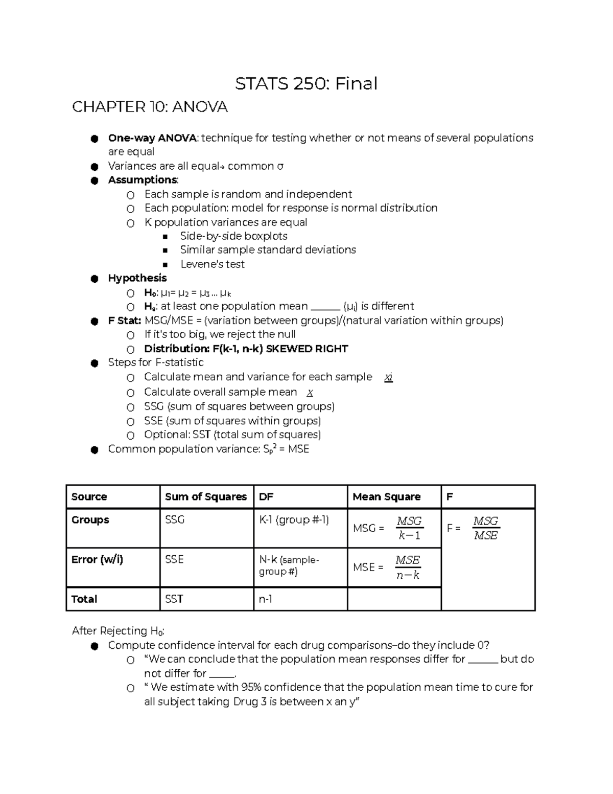 Stats 250 Final Study Guide STATS 250 Final CHAPTER 10 ANOVA ANOVA