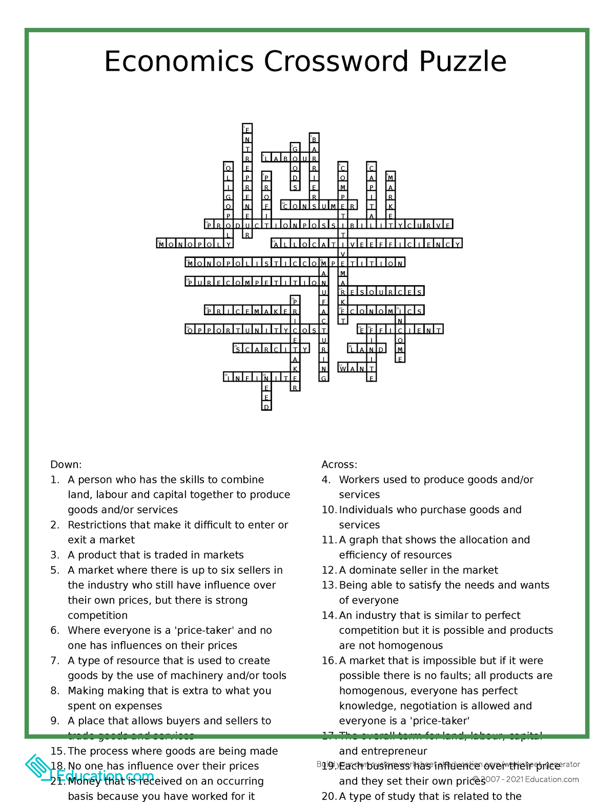 Economics Crossword Answer Key #1 Build your own custom worksheet at