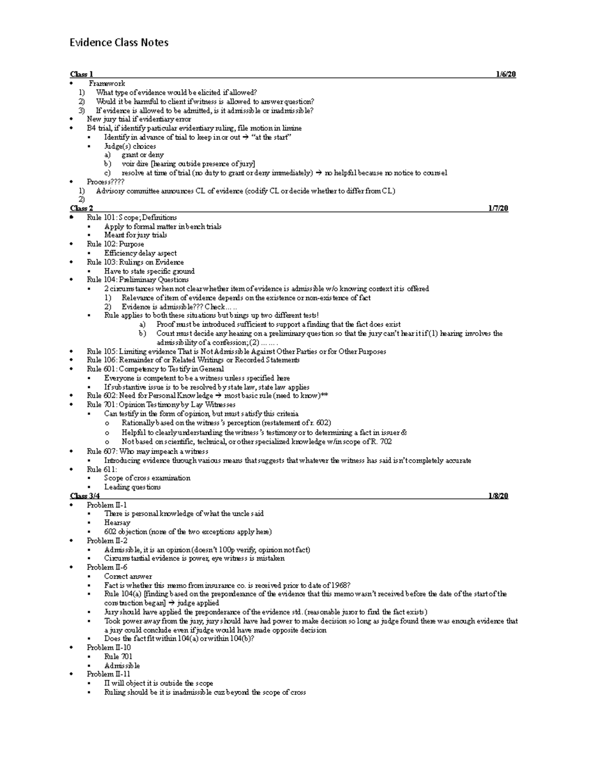 Evidence Class Notes - Chapter Main Points - Evidence Class Notes Class ...