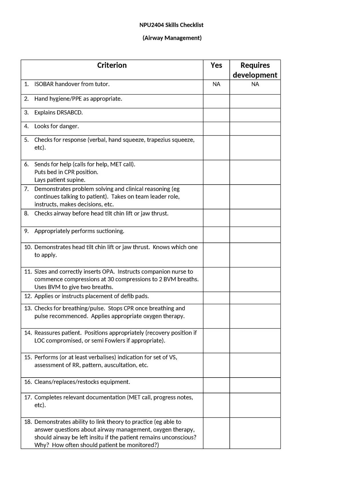 Skills Assessment Checklist Airway management - NPU2404 Skills ...