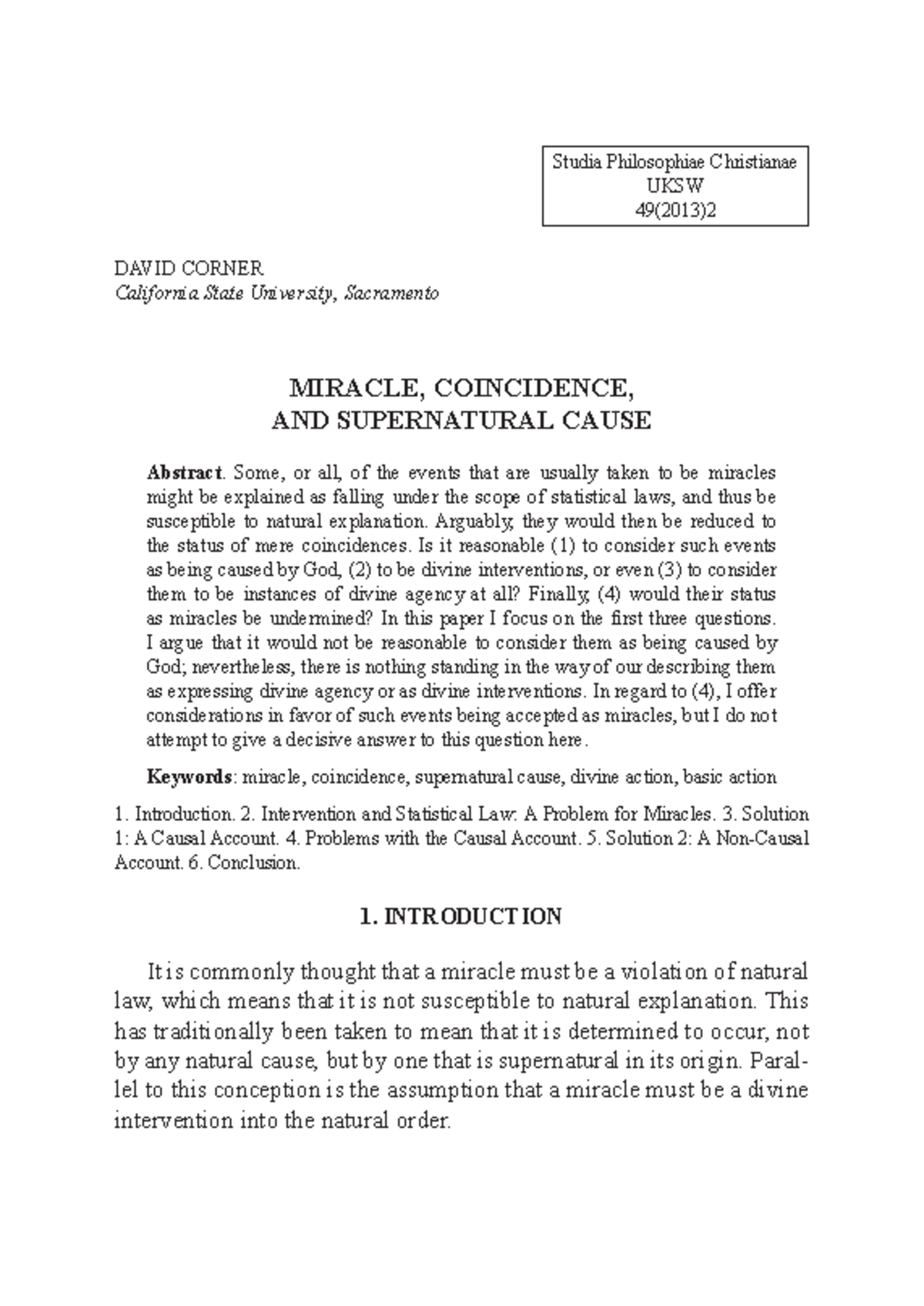 Miracle Coincidence and Supernatura - Studia Philosophiae Christianae ...