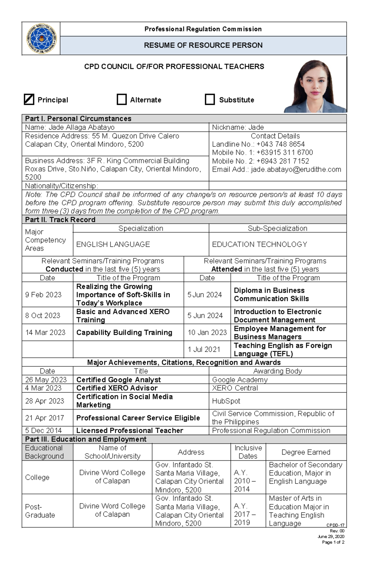 CPDD-17-1 - Template - CPDD- Rev. 00 June 29, 2020 Page 1 of 2 ...