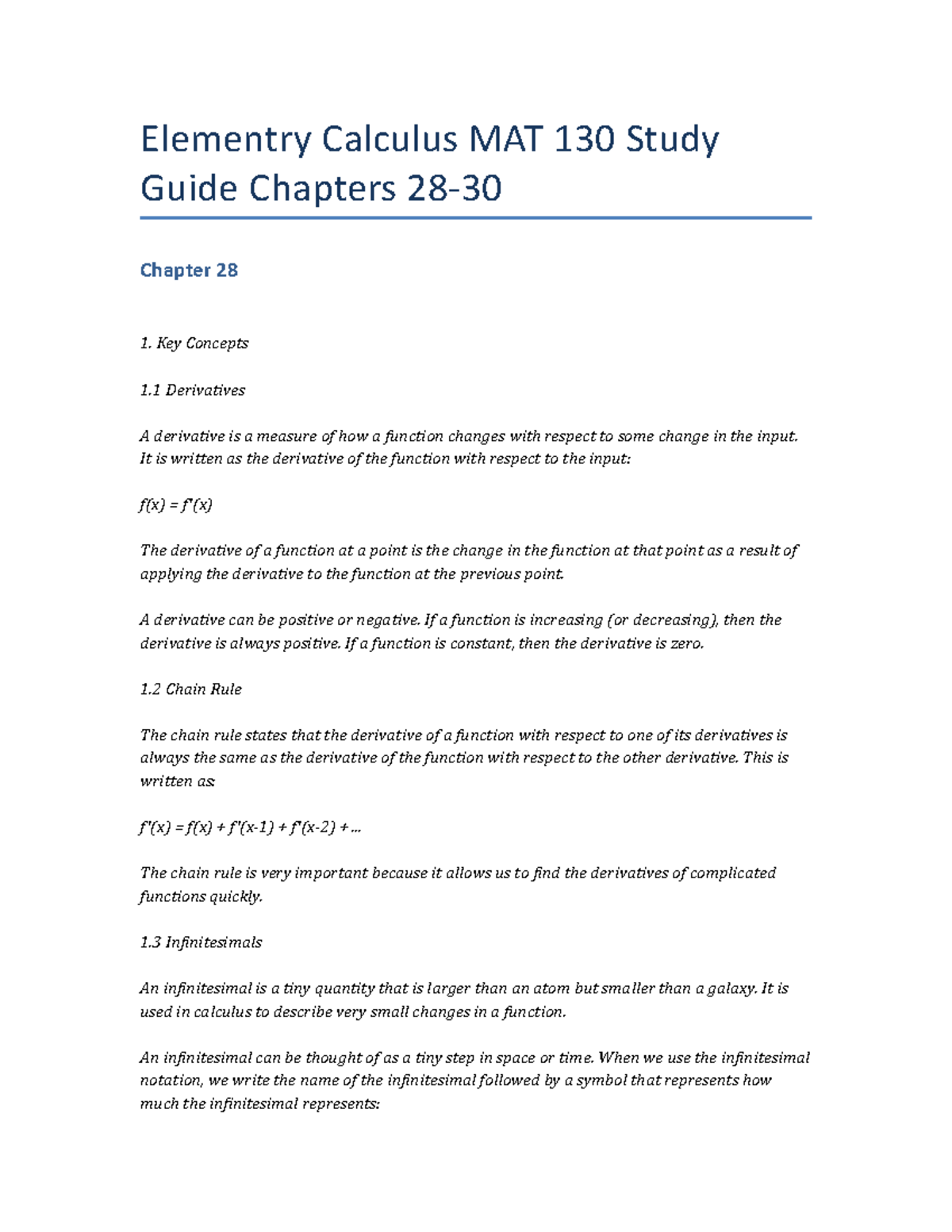 Elementry Calculus MAT 130 Study Guide Chapters 28-30 - Elementry ...