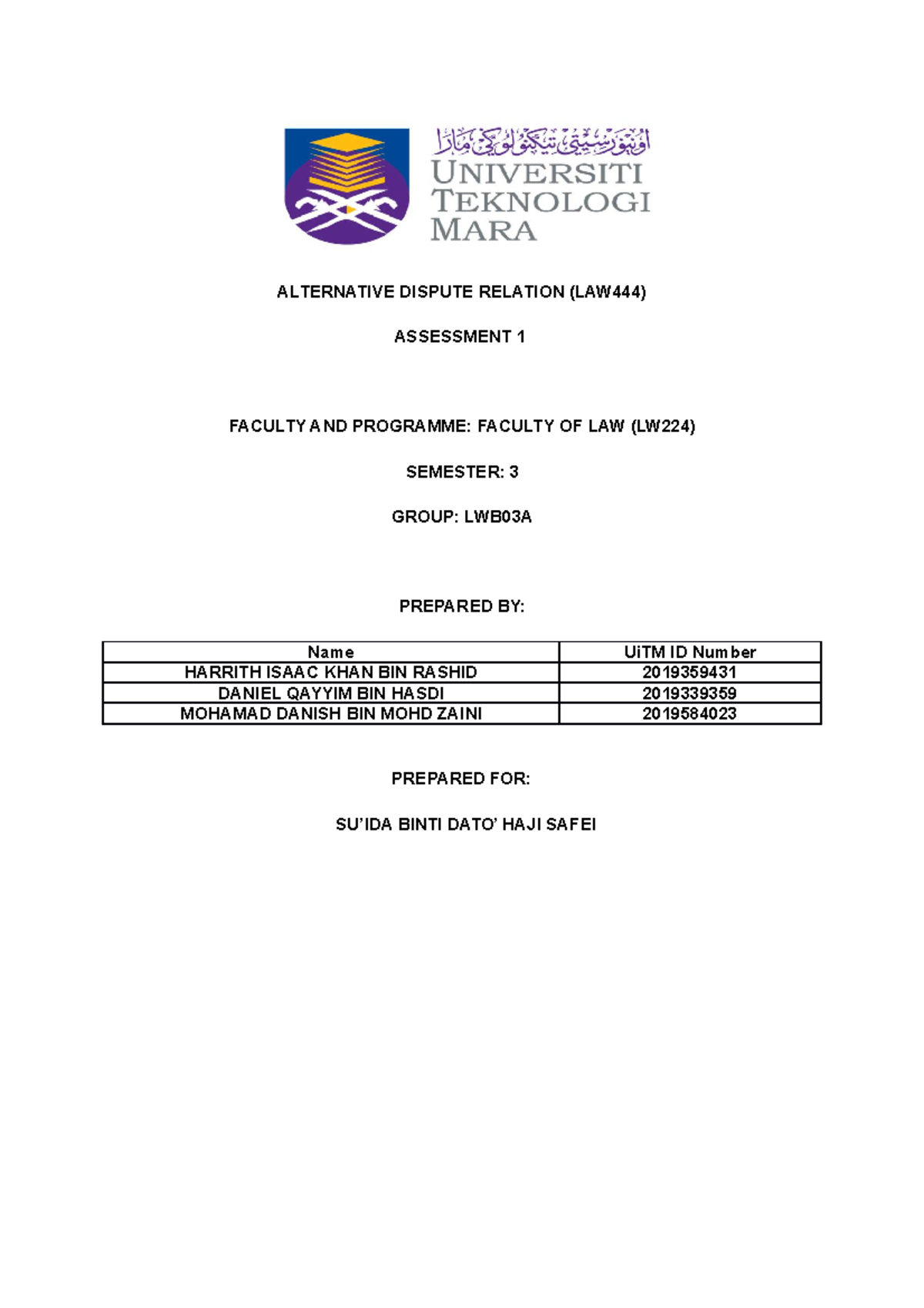 ADR Assignment (Final) - ALTERNATIVE DISPUTE RELATION (LAW444 ...