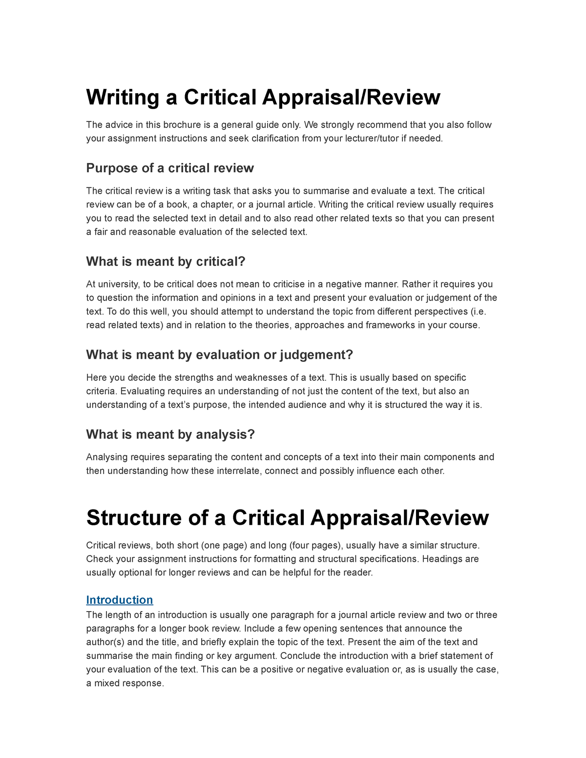 critical appraisal of a literature review