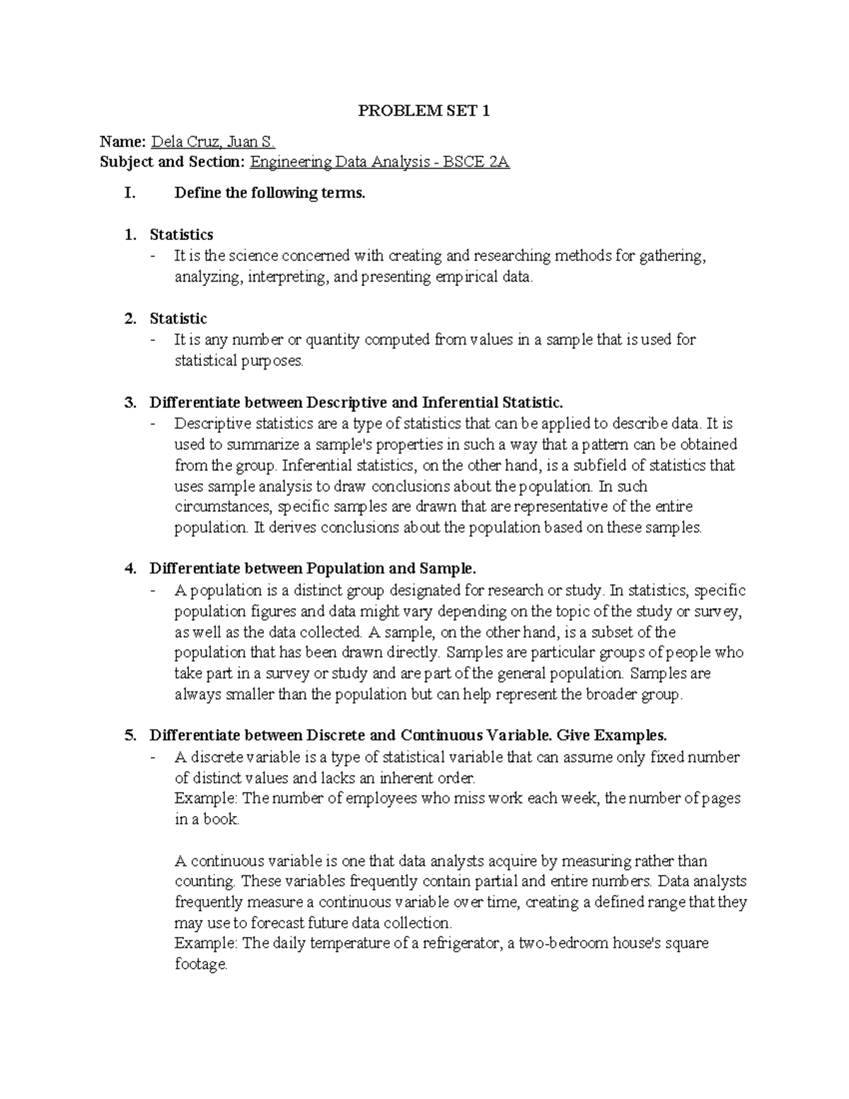 Eda - PROBLEM SET 1 Name: Dela Cruz, Juan S. Subject and Section ...