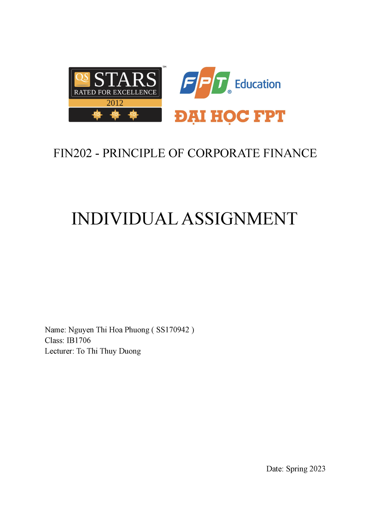 FIN Individual Assignment - FIN202 - PRINCIPLE OF CORPORATE FINANCE ...