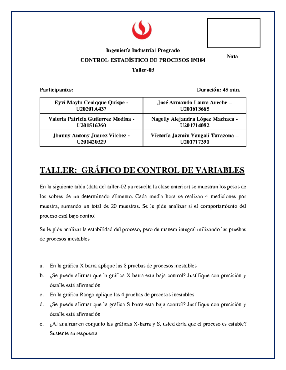 CEP Taller 03 2020-02 Grafico Control Variables XS-IRm - Ingeniería ...